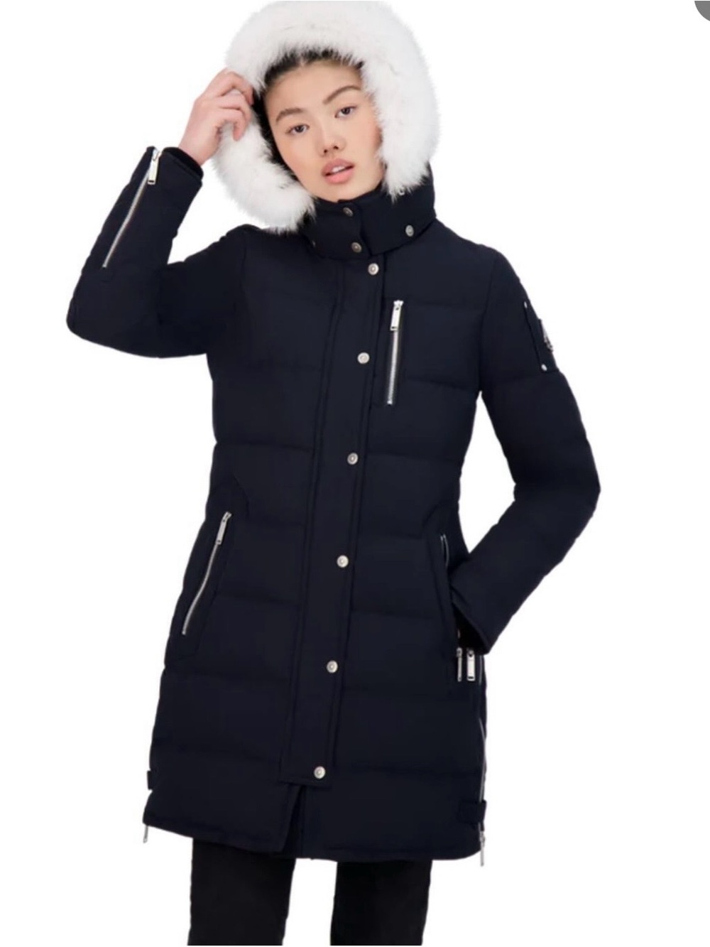 Moose Knuckles Navy Blue Long Puffer Coat with White Faux-Fur Hood